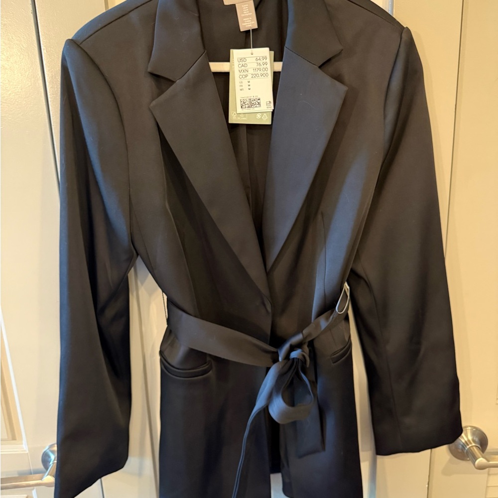 H&M Black Blazer with Belt and Lapel Collar